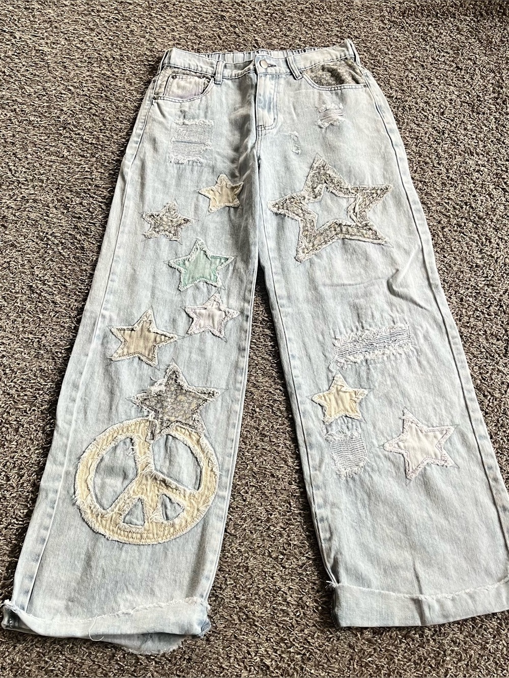 Oli & Halo Star Patchwork Wide Leg Jeans Boho Peace Sign Small Festival